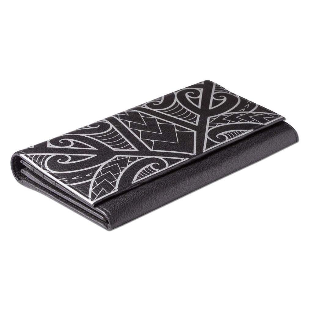 Pop-Up Mākeke - Na Koa - Polynesian Tattoo Clutch Wallet - Black & Silver - Front View