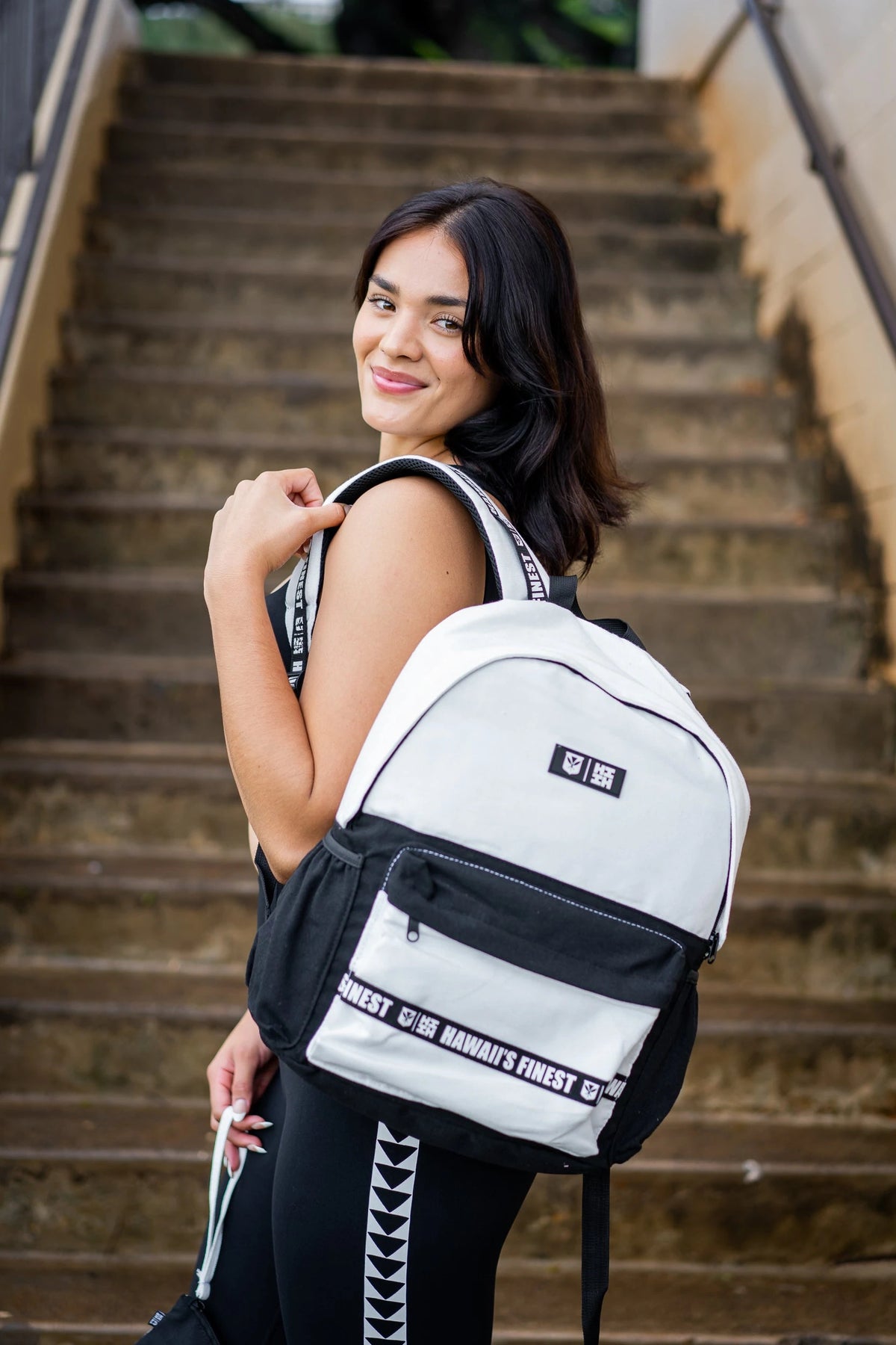 White Color Block Canvas Backpack & Wristlet Set