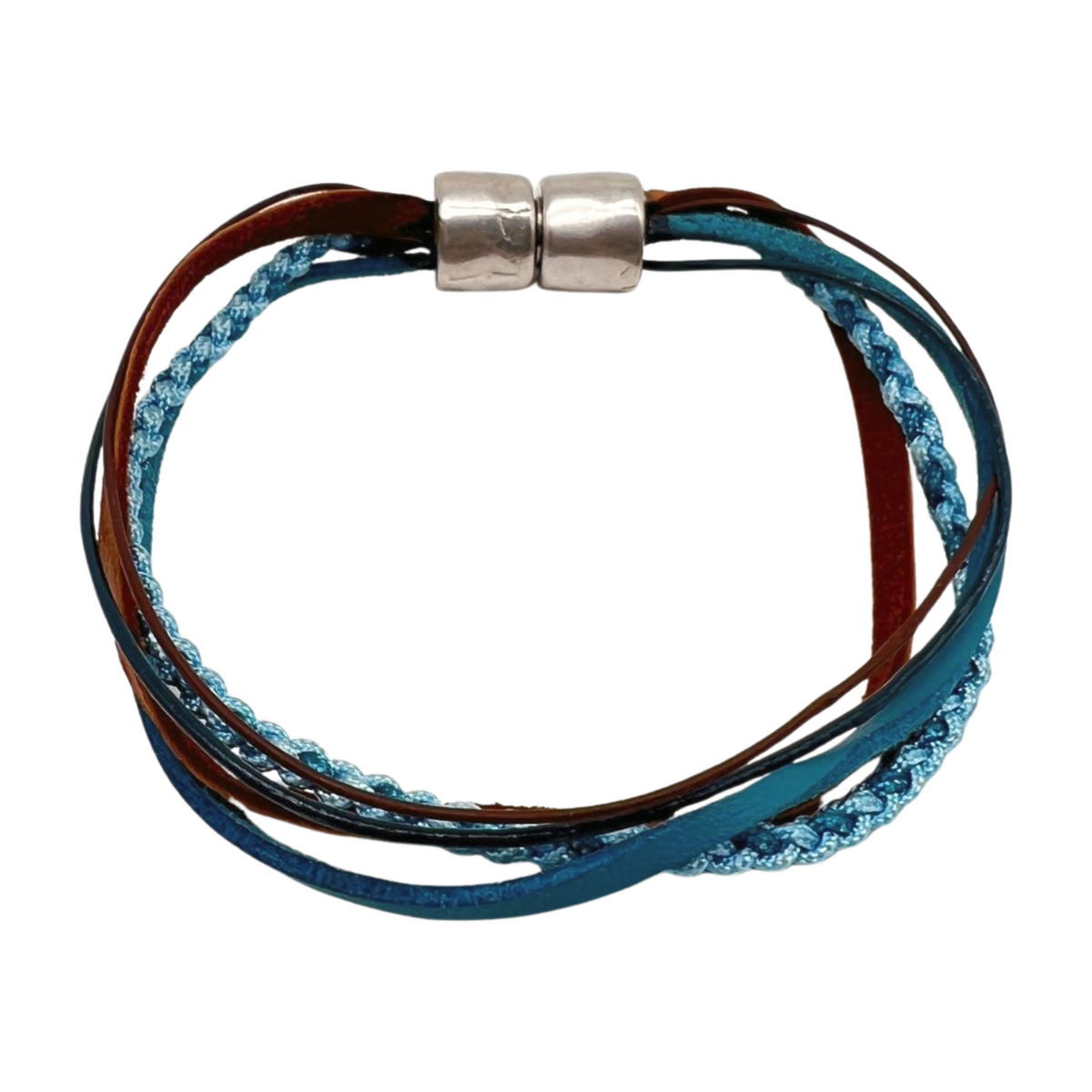 Blue Braided Cord with Suede & Leather 5-Cord Wrap Leather Bracelet - 8.75" (Large - XL)