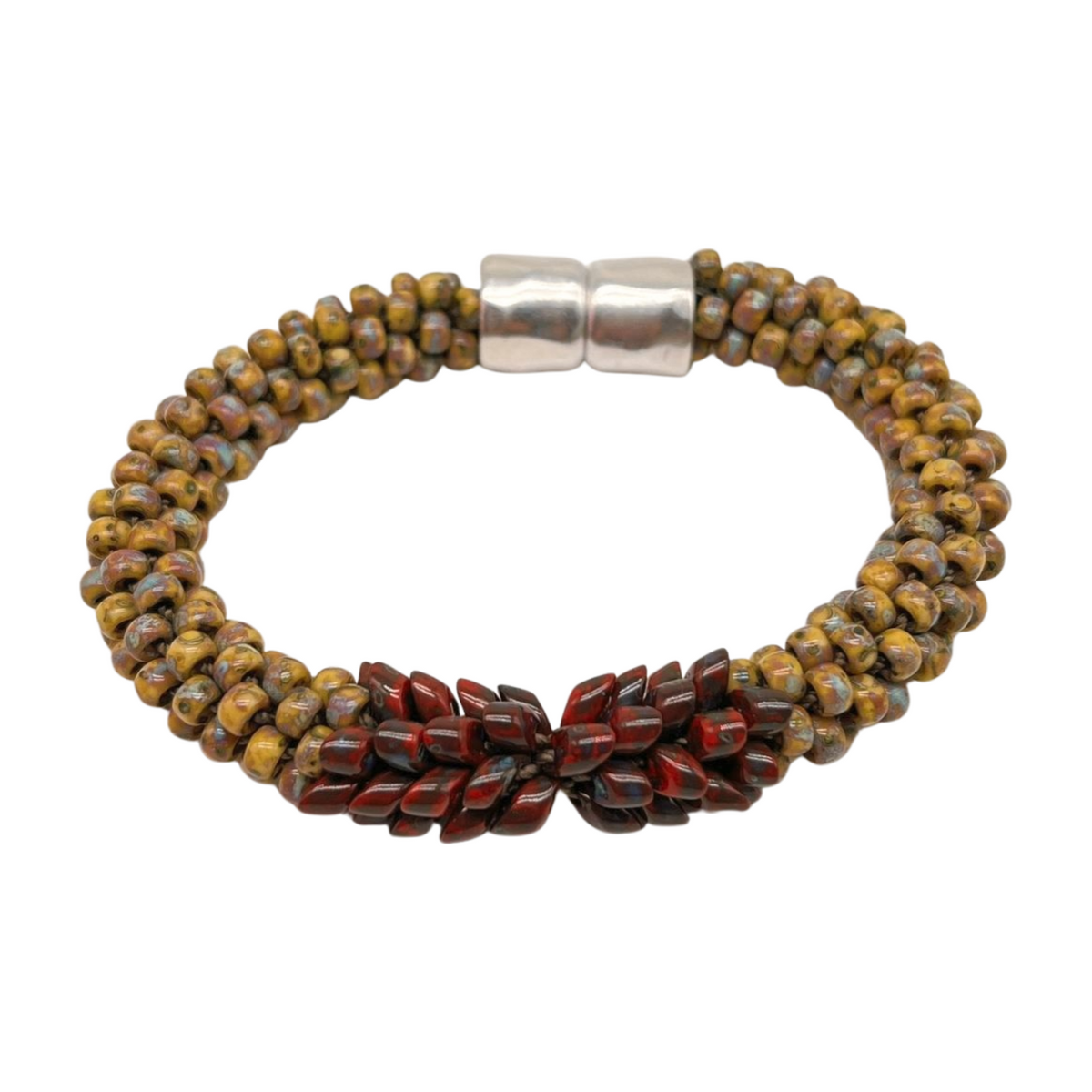 Bracelet - Brown Picasso with Red Magatama Picasso with Silver Magnet - 6"