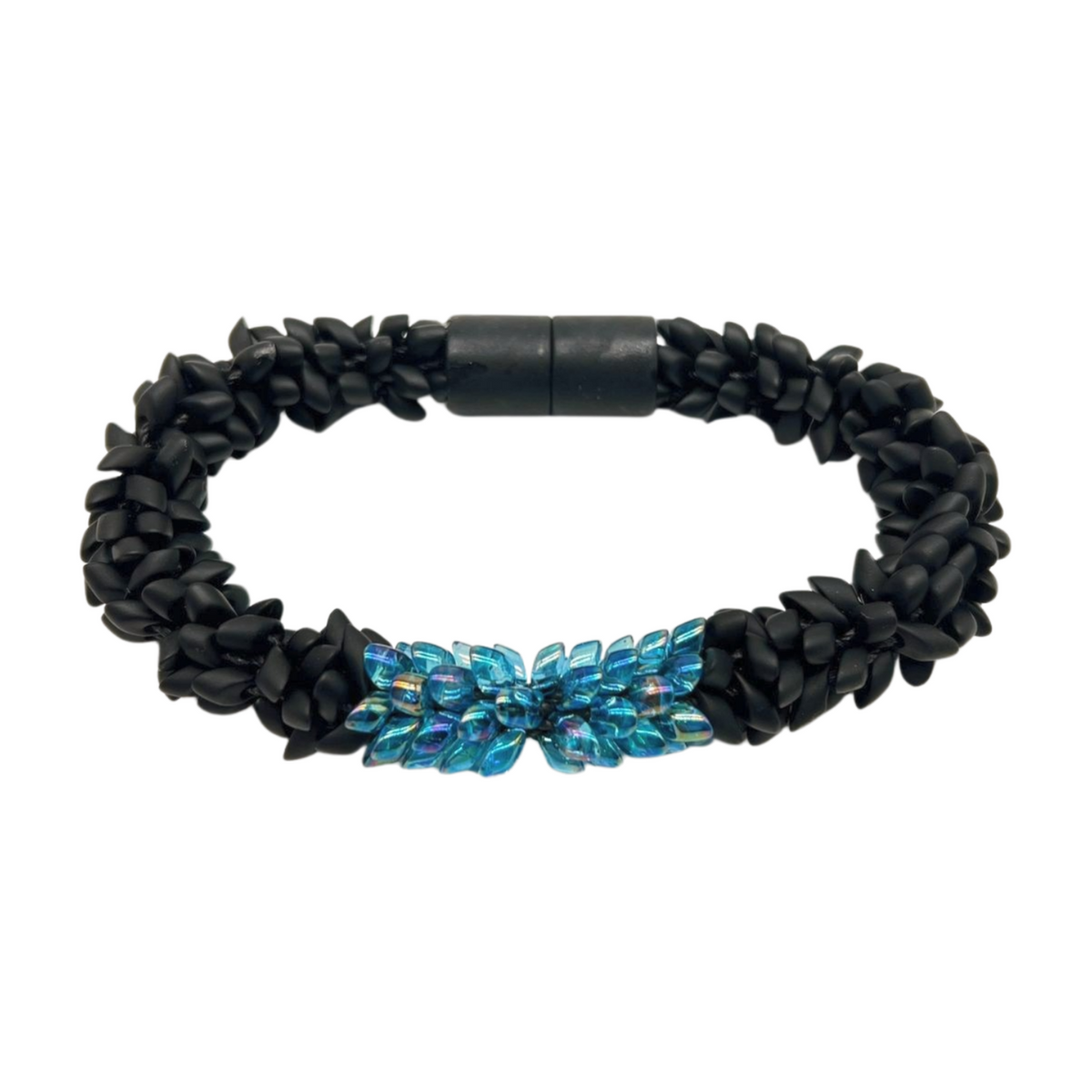 Bracelet - Matte Black Magatama with Cobalt Blue Lined Magatama - 7.25" (Med)