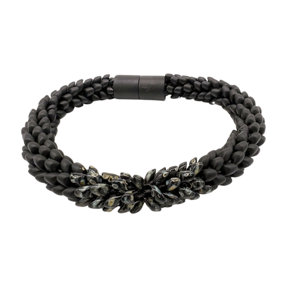 Bracelet - Matte Black Magatama with Focal Black Picasso Magatama & Black Acrylic Magnet - 8.25"