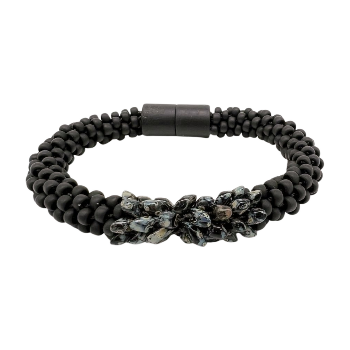 Bracelet - Matte Black with Black Picasso Magatama & Black Acrylic Magent - 7.75" (Large)