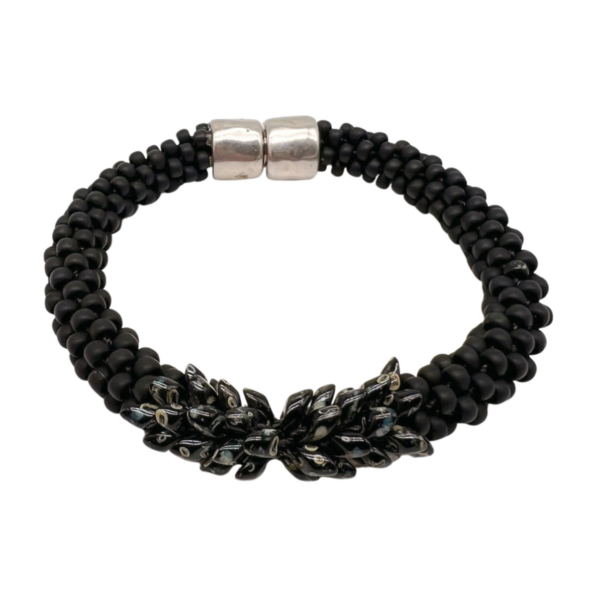 Bracelet - Matte Black with Black Picasso Magatama & Silver Magnet - 8-8.25" (Large to XL)