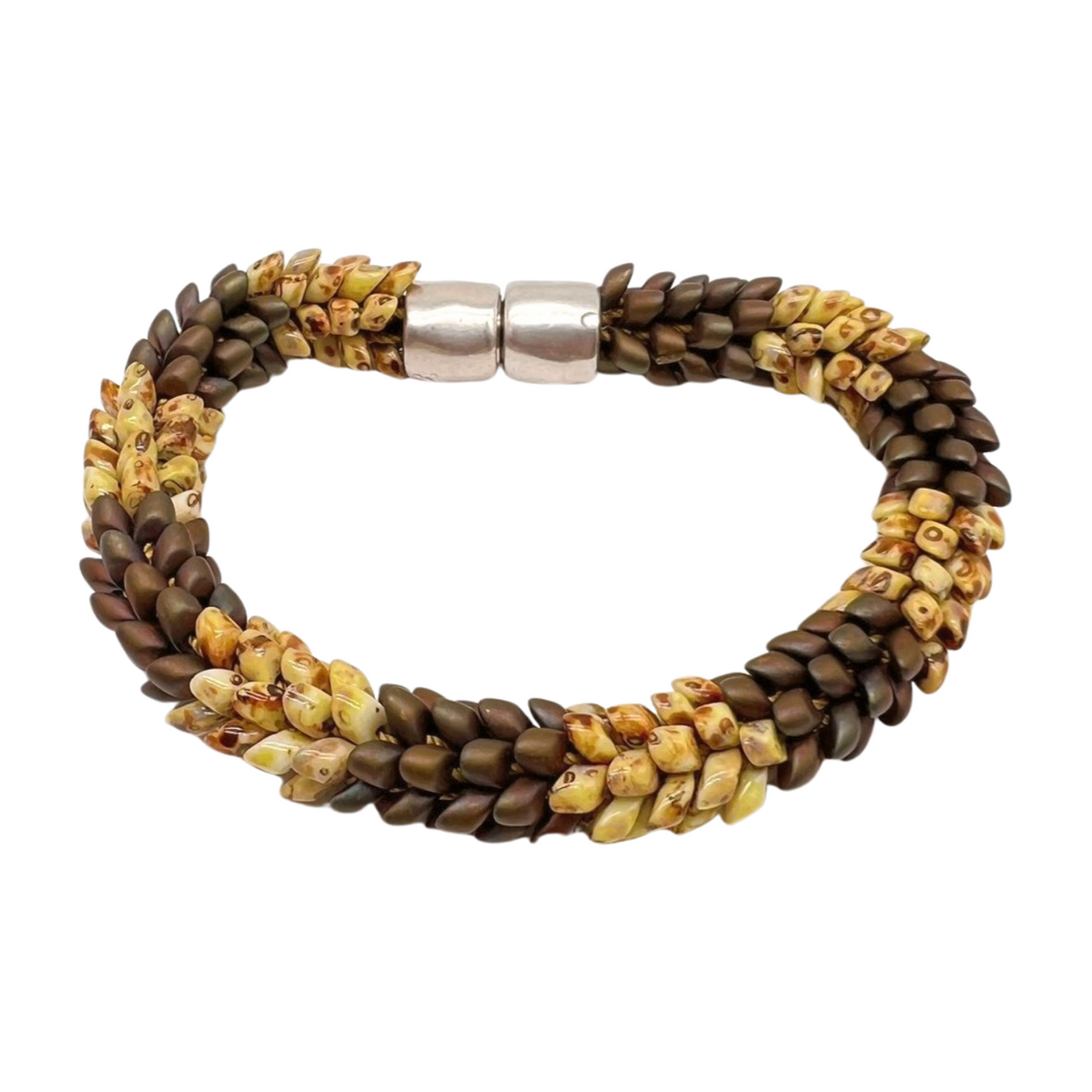 Bracelet - Two Toned Brown/Yellow Magatama Silver Magnet - 7.75"- 8"
