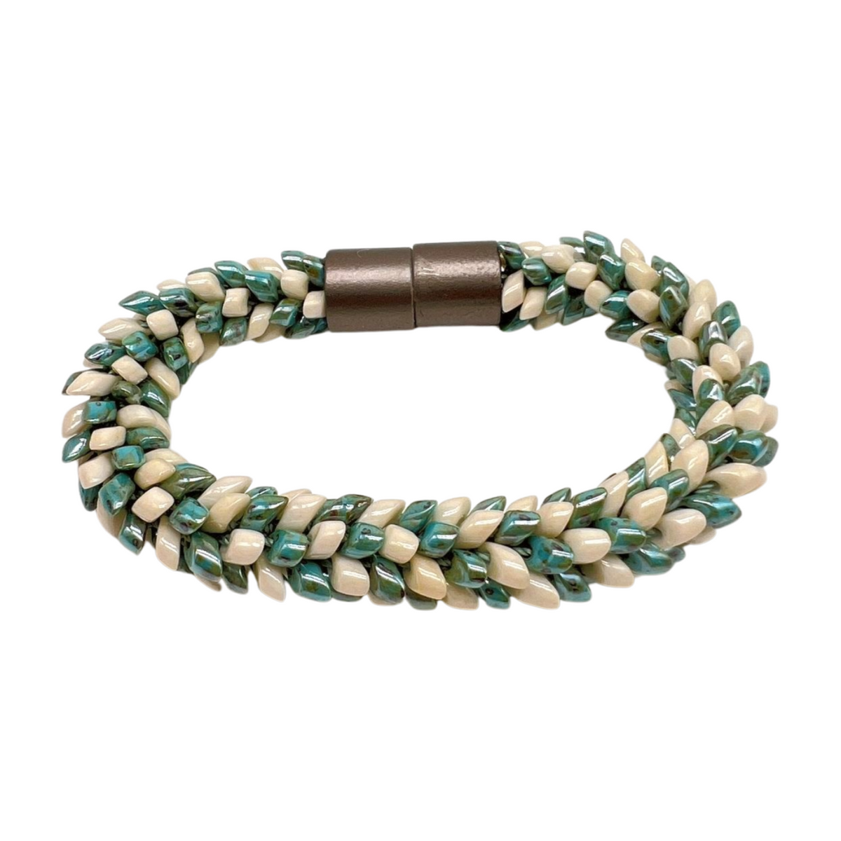 Bracelet - Two Toned Mate Green, Dark Topaz with Yellow Magatama Acrylic Magnet - 6.5"