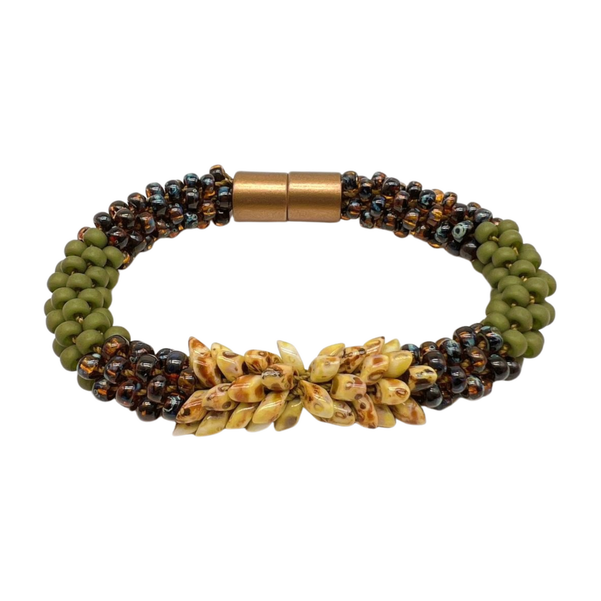 Bracelet - Two Toned Matte Green, Dark Topaz with Yellow Magatama Acrylic Magnet - 6.5"