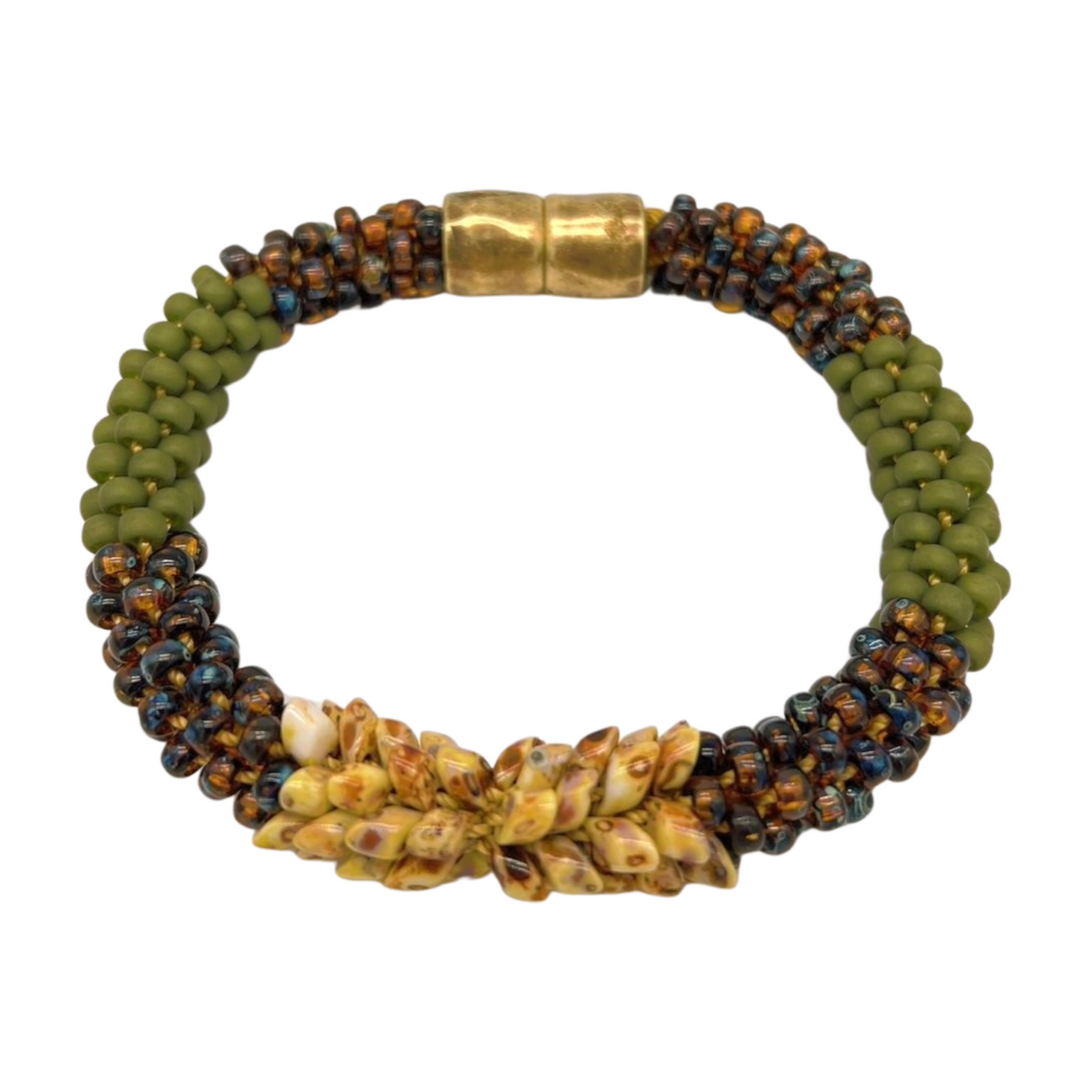 Bracelet - Two Toned Matte Green, Dark Topaz with Yellow Magatama Brass Magnet - 7.75"