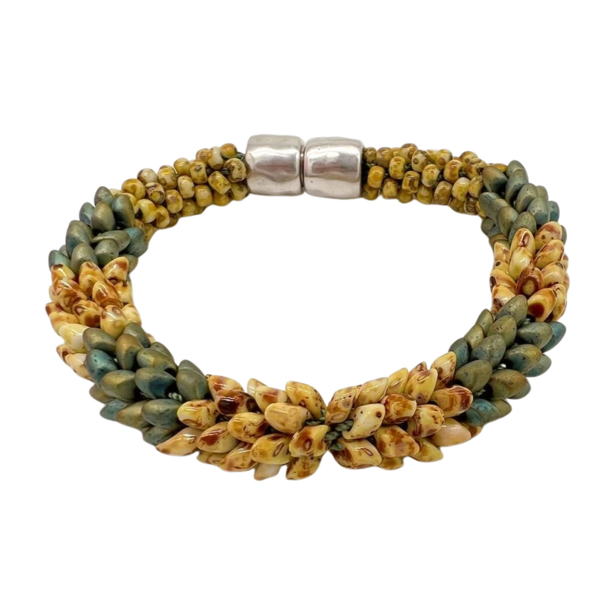 Bracelet - Two Toned Matte Metallic Khaki with Yellow Magatama Acrylic Magnet - 7"