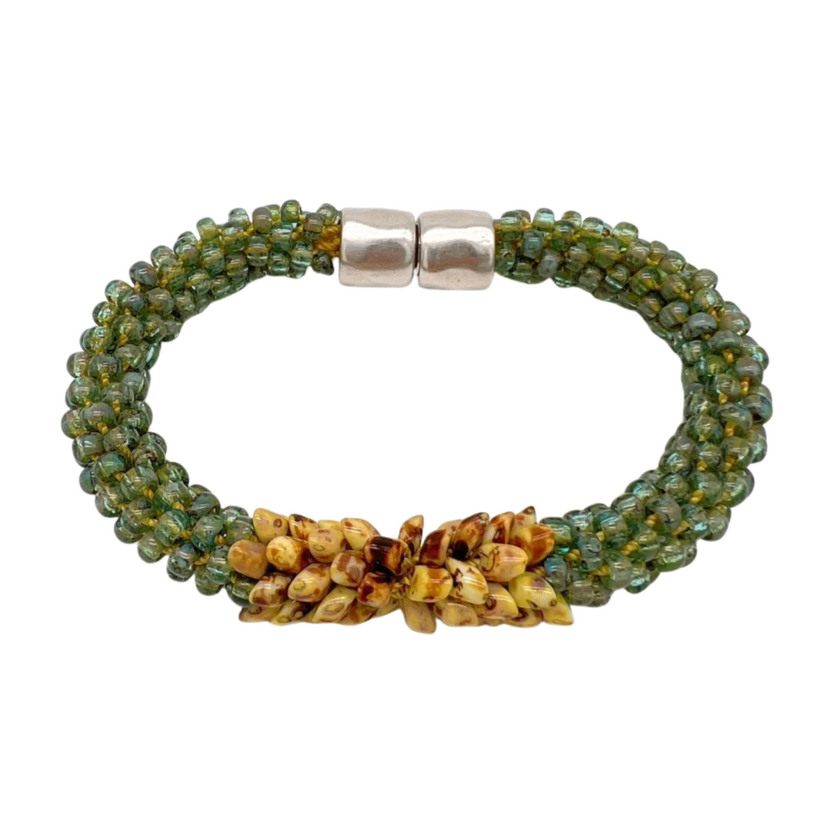 Bracelet - Two Toned Sea Foam Green Picasso with Yellow Magatama Acrylic Magnet - 7.25"