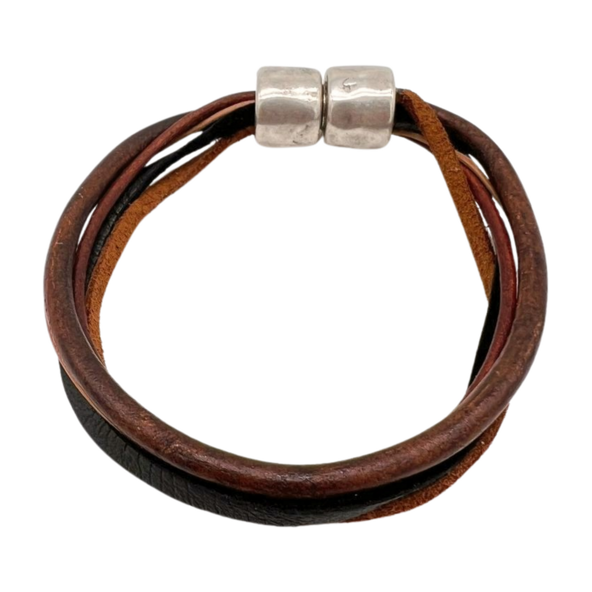 Brown, Black & Tan 5-Cord Wrap All Leather Bracelet - 7" (Med)