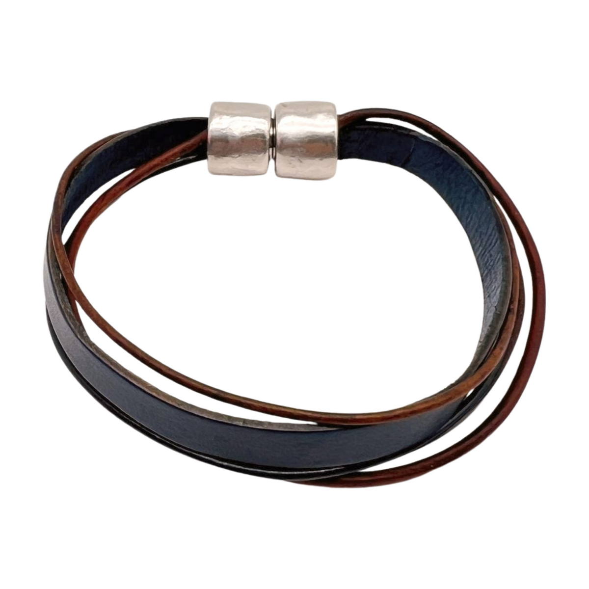 Brown & Tan 5-Cord Wrap Leather Bracelet w/ Silver Toned Accent Bead - 7.25" (Med)