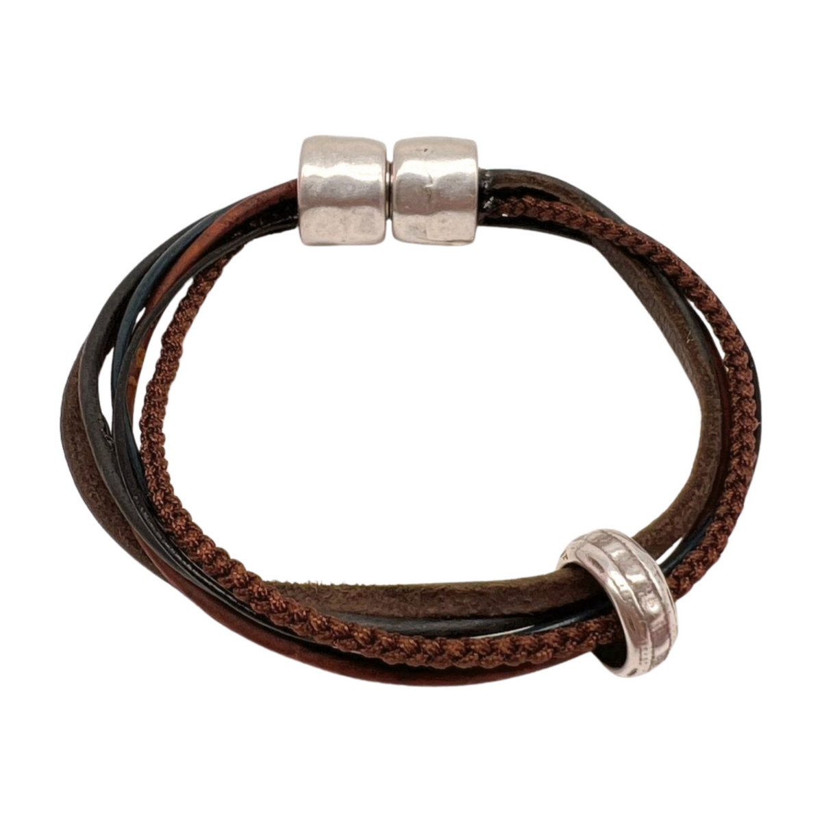 Brown & Tan 5-Cord Wrap Leather Bracelet w/ Silver Toned Accent Bead - 7.25" (Med)