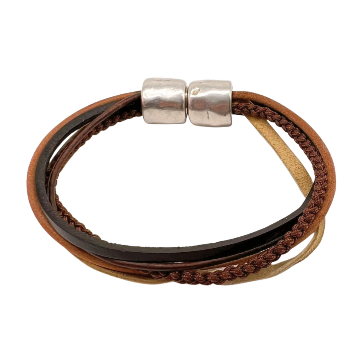 Brown & Tan 6-Cord Wrap Leather Bracelet w/ Silver Toned Magnet - 6" (Small-Med)