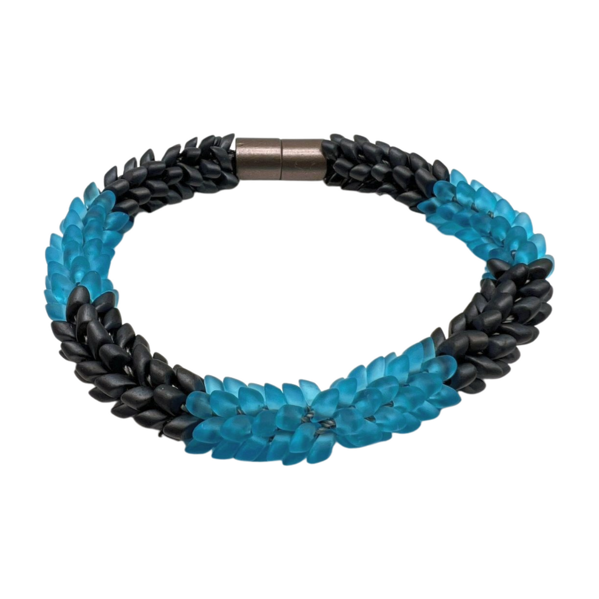 Glass Beaded Bracelet - Aqua Blue Dragon Scales with Steel Grey - 8.5" (X-Large)