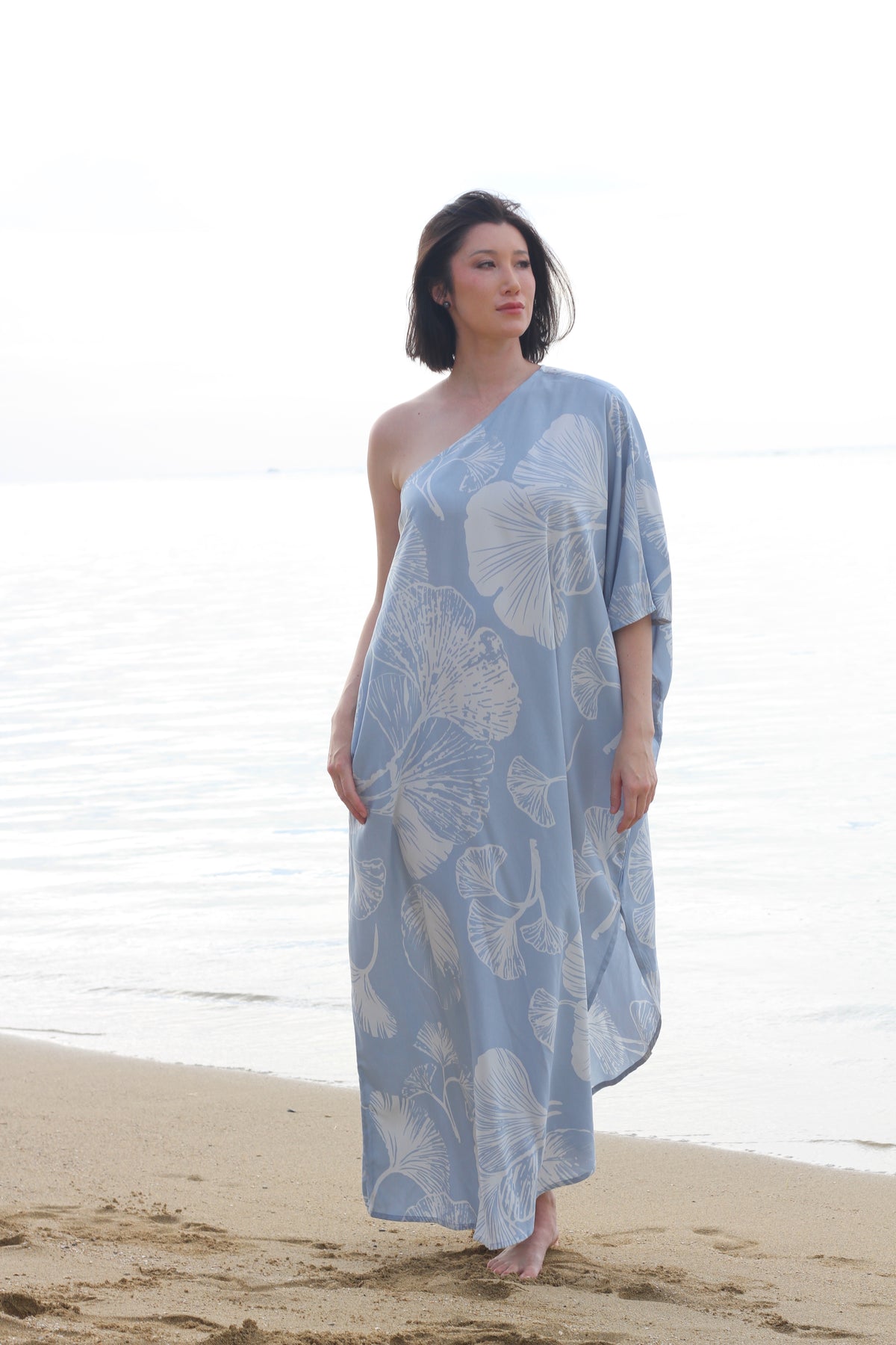 Hau One Shoulder Dress - Gingko in Dusty Blue & White