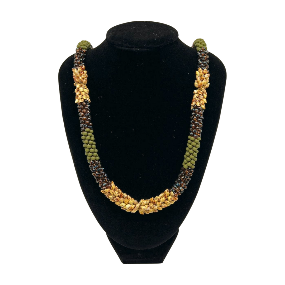 Matte Olive Green, Topaz with Yellow Picasso Segmented Dragon Scale Lei - 31"