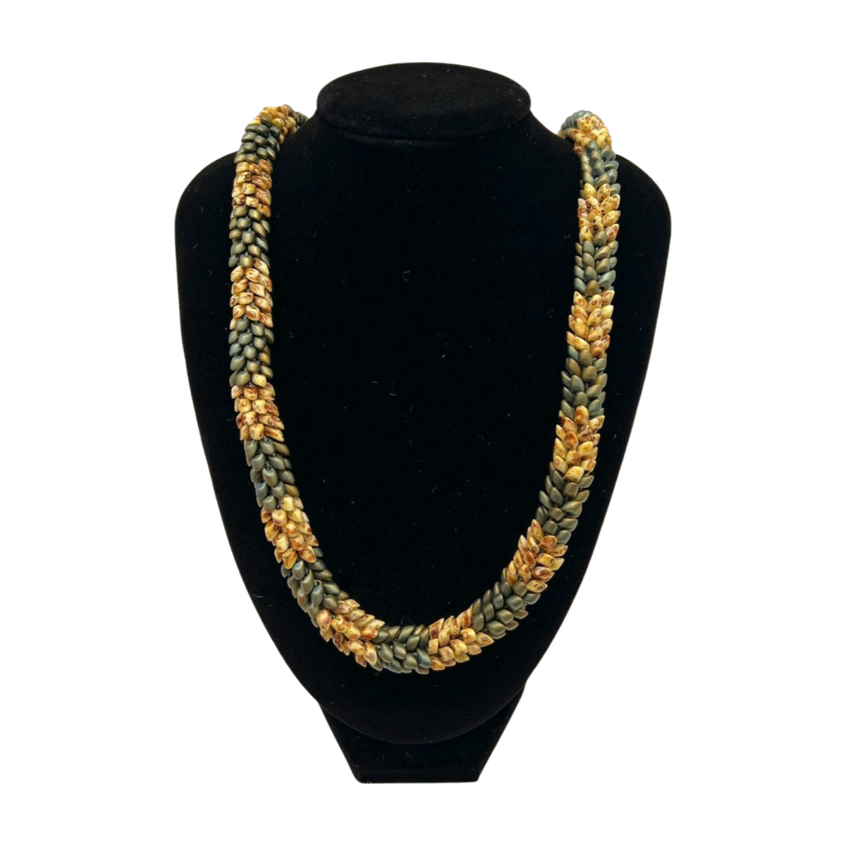 Metallic Khaki Green with Yellow Picasso Dragon Scales Necklace - 29"