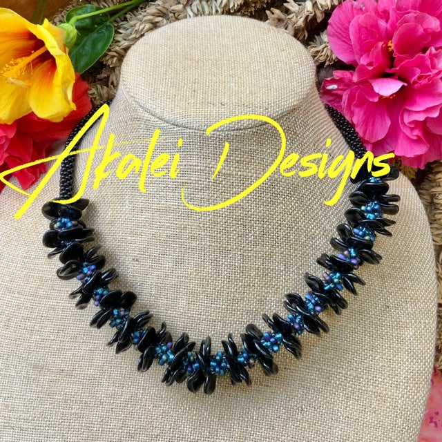 Pop-Up Mākeke - Akalei Designs - Black Orchid Hawaiian Haku Rose Petal Necklace Lei - With Logo