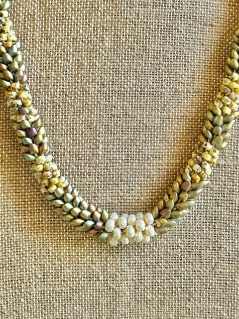 Pop-Up Mākeke - Akalei Designs - Khaki Metallic and Yellow Dragon Scales with White Baroque Necklace - Clasp