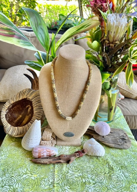Pop-Up Mākeke - Akalei Designs - Khaki Metallic and Yellow Dragon Scales with White Baroque Necklace - Front View
