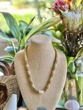 Pop-Up Mākeke - Akalei Designs - Khaki Metallic and Yellow Dragon Scales with White Baroque Necklace - Front View
