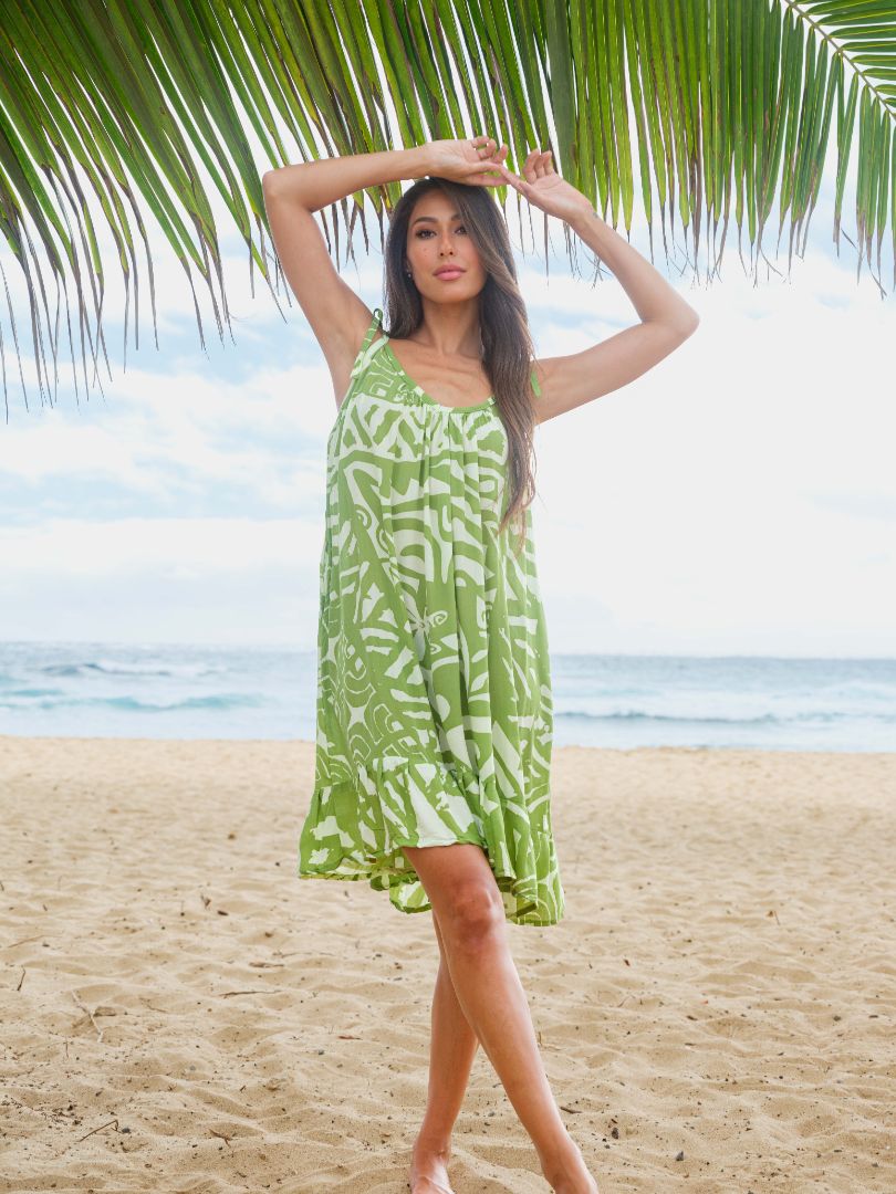 Pop-Up Mākeke - Lotus & Lime - Suki Midi Dress - Poly Tattoo in Lime & Cream - Front View