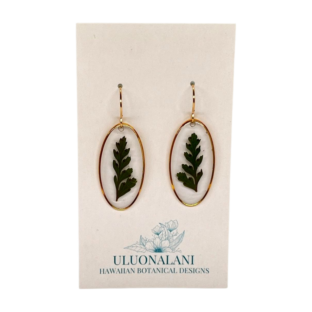 Pop-Up Mākeke - Uluonalani Designs - Oval Palapalai Dangle Earrings - Front View