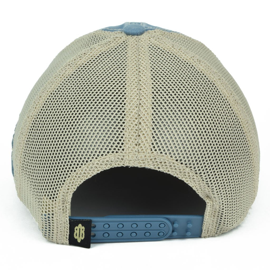 Pop-Up Mākeke - 808 Clothing - Hawaiian Hook Trucker Hat - Vintage Indigo & Tan - Back View