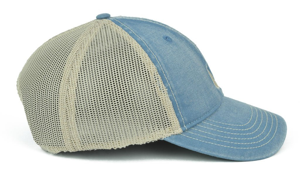 Pop-Up Mākeke - 808 Clothing - Hawaiian Hook Trucker Hat - Vintage Indigo & Tan - Side View