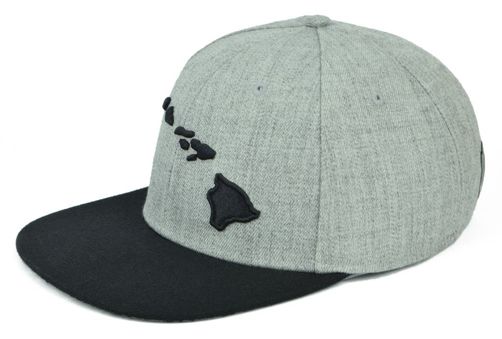Pop-Up Mākeke - 808 Clothing - Hawaiian Islands 3D Flat Bill Hat - Heather Gray & Black - Side View