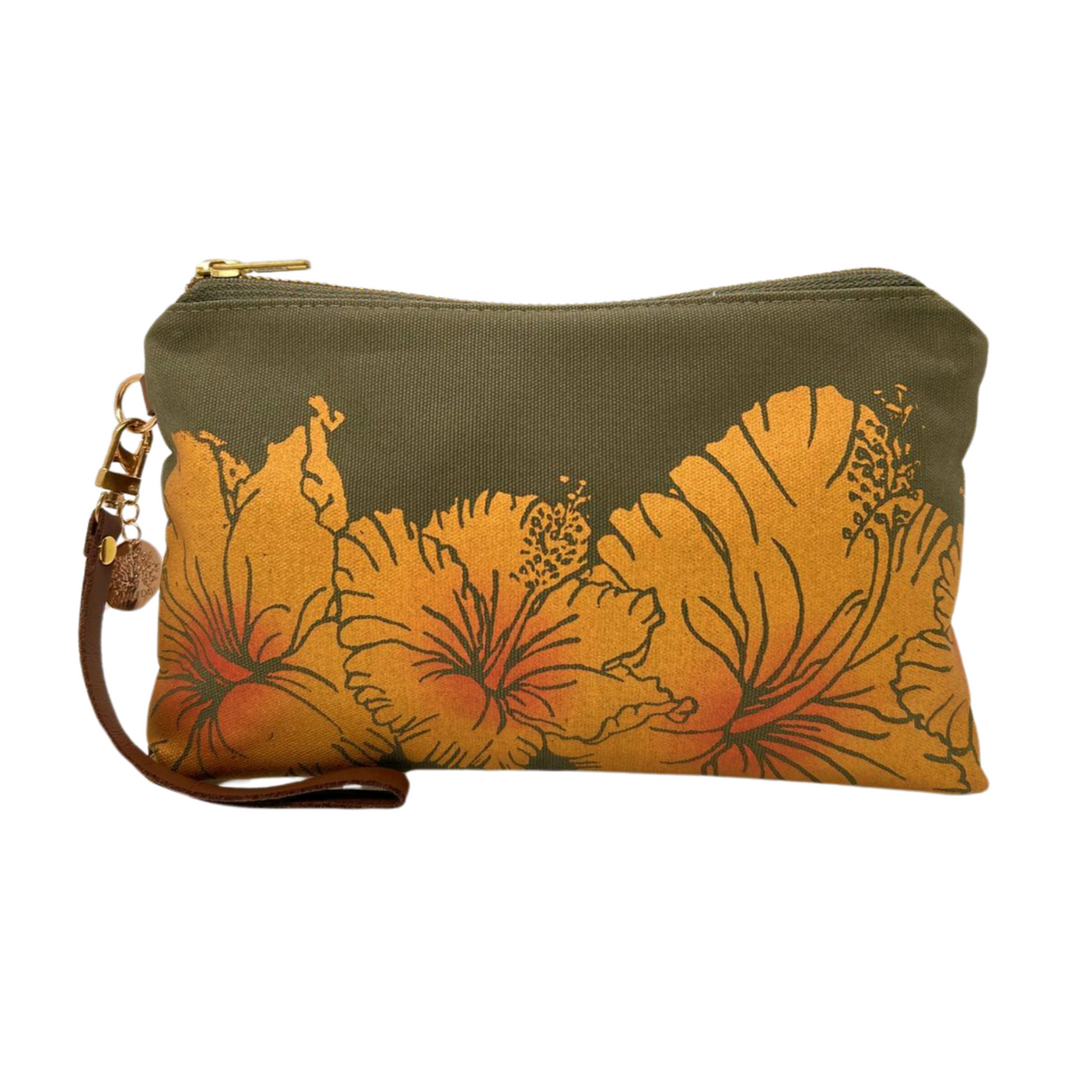 Handprinted Small Handbag - Hibiscus on Olive Canvas