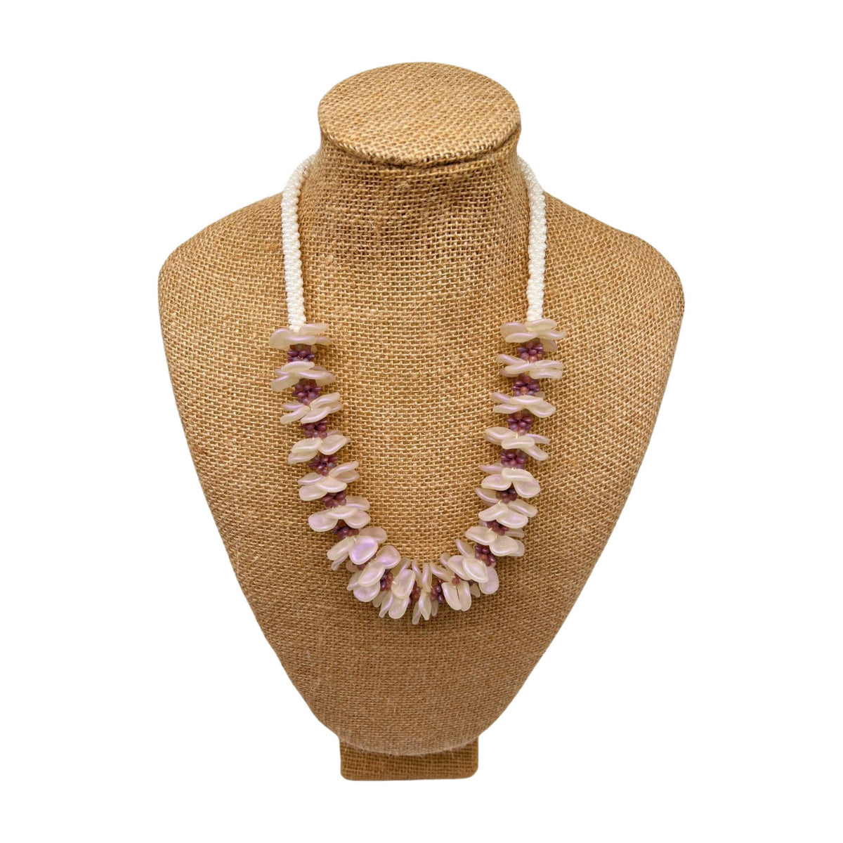 Pop-Up Mākeke - Akalei Designs - Frosted White & Lavender Beaded Hawaiian Haku Rose Petal Lei  - 23in - Front View