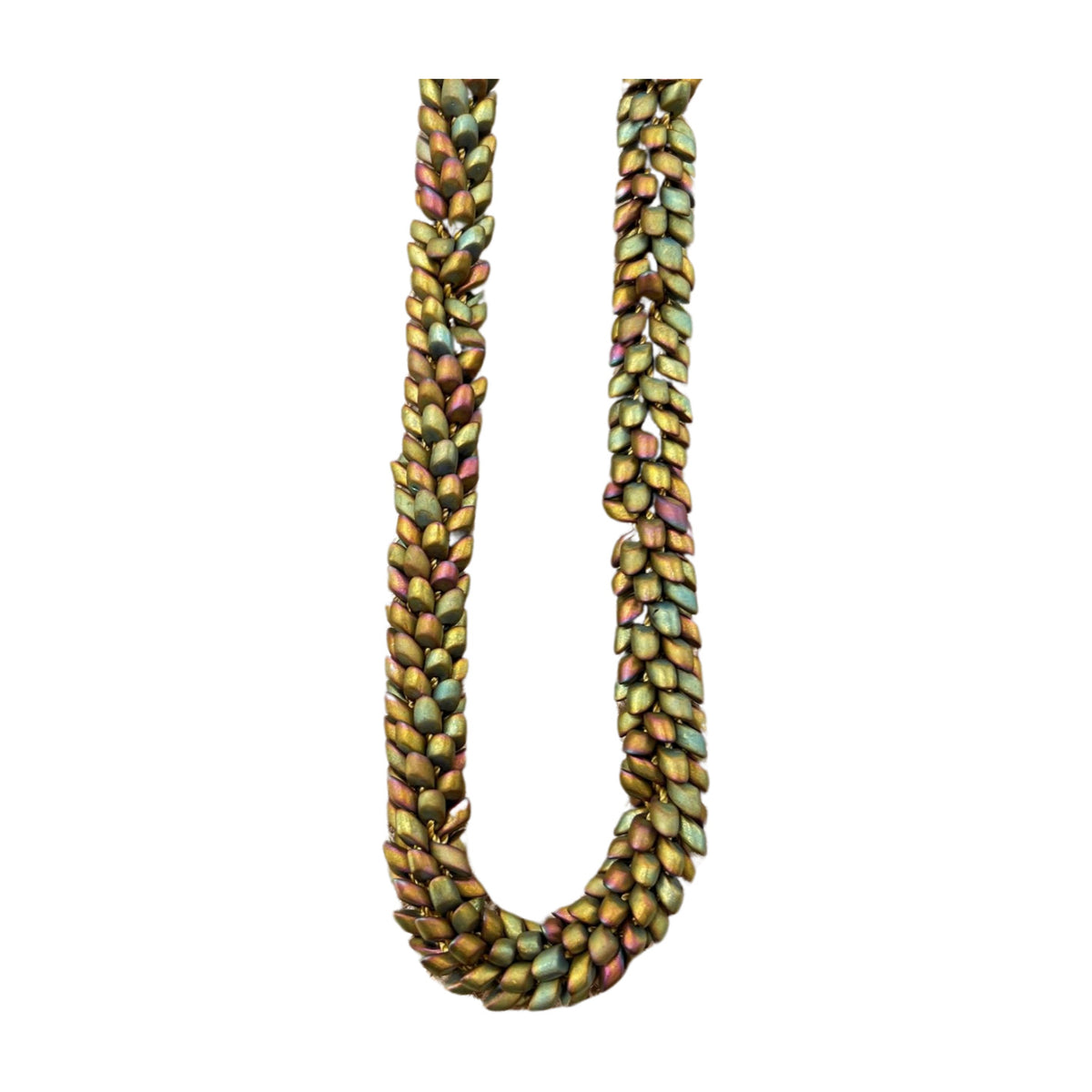 Pop-Up Mākeke - Akalei Designs - Matte Khaki Metallic Dragon Scales Lei - 31-33in - Front View