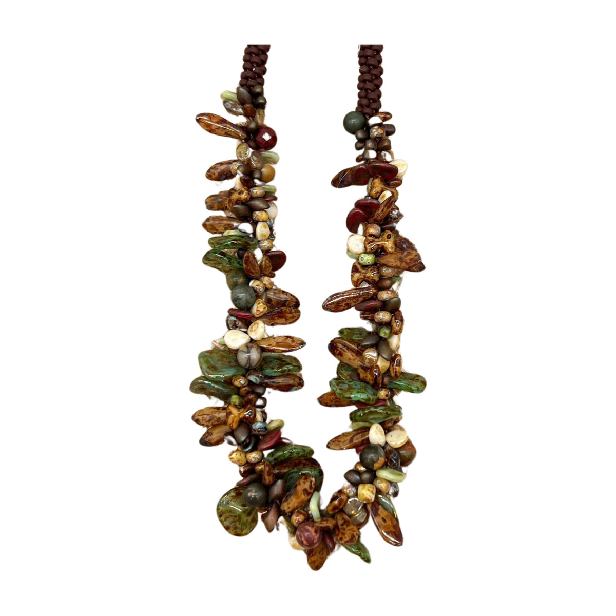 Pop-Up Mākeke - Akalei Designs - Mother & Daughter Two Necklace Set - Green & Brown Picasso Necklaces - Front View