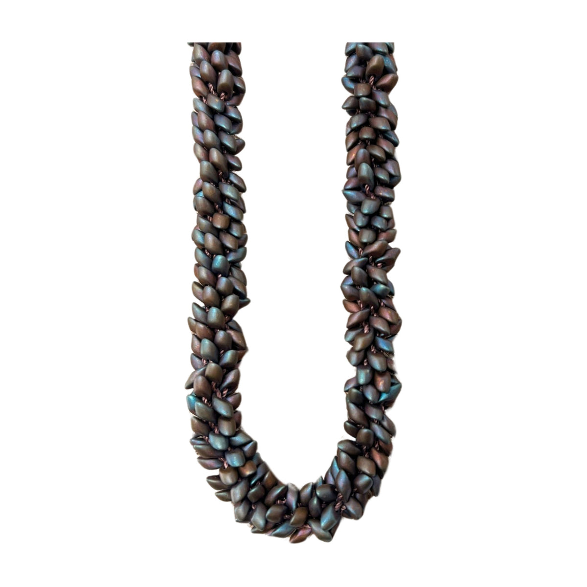 Pop-Up Mākeke - Akalei Designs - Raspberry Brown Dragon Scales Beaded Kumihimo Necklace - 30in - Front View