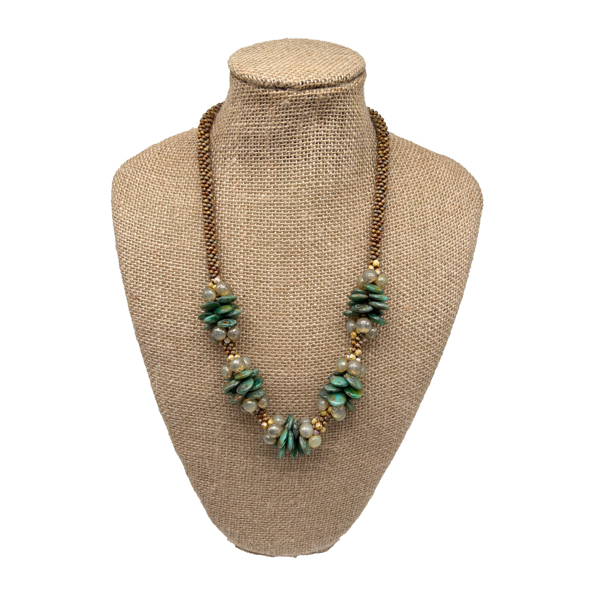 Pop-Up Mākeke - Akalei Designs - Sage Green Picasso Lentil Beaded Hawaiian Haku Lei Mini (5 Clusters)  - 25in - Front View