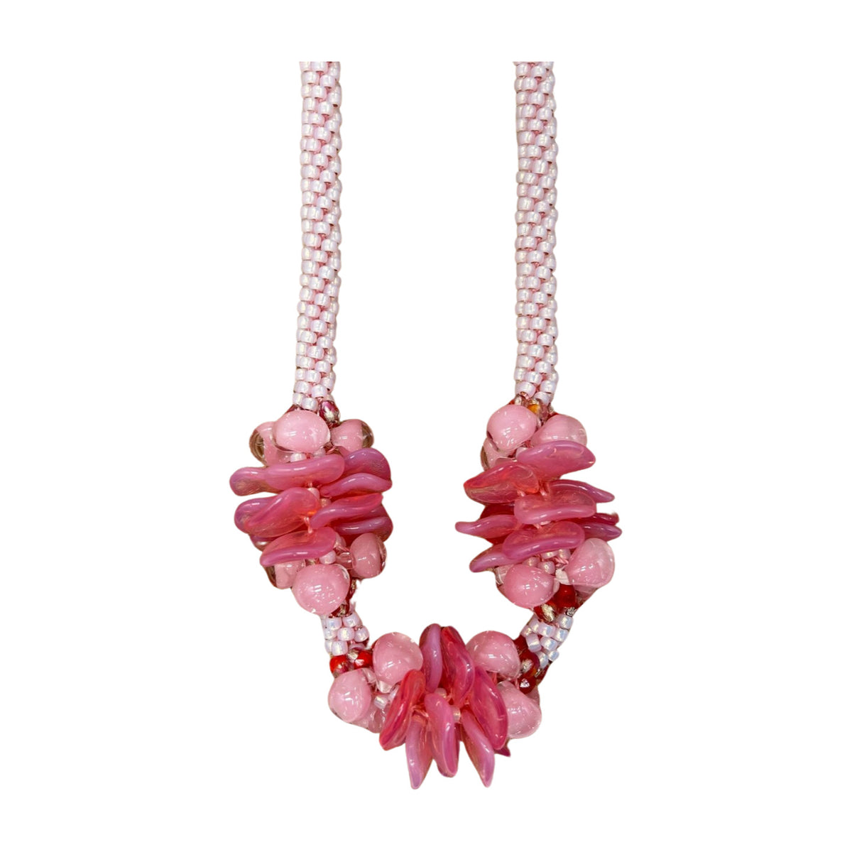 Pop-Up Mākeke - Akalei Designs - Transparent Pink Hawaiian Haku Mini (3 Cluster) Lei with Pink Unicorn Beads - 23in - Close Up