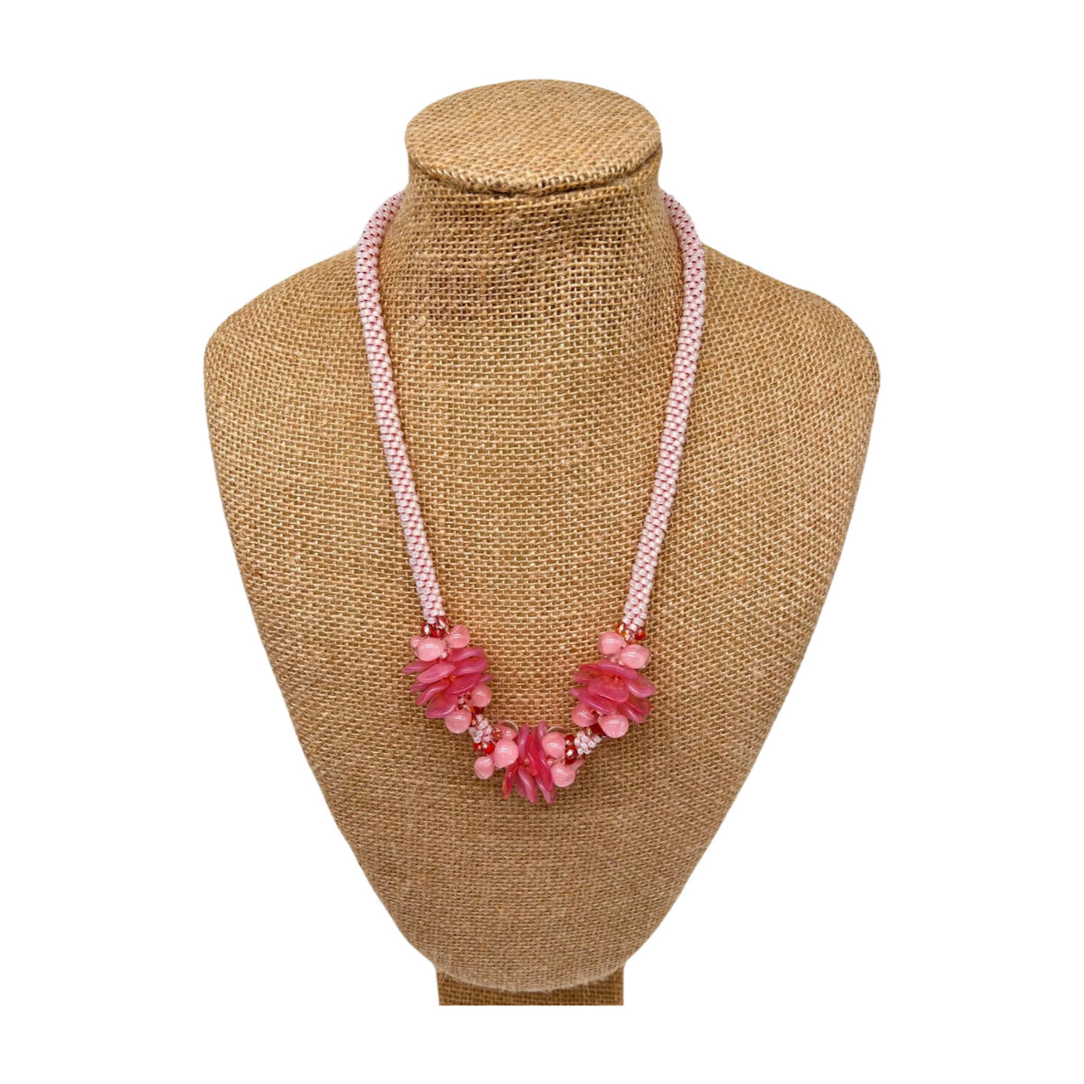 Pop-Up Mākeke - Akalei Designs - Transparent Pink Hawaiian Haku Mini (3 Cluster) Lei with Pink Unicorn Beads - 23in - Front View