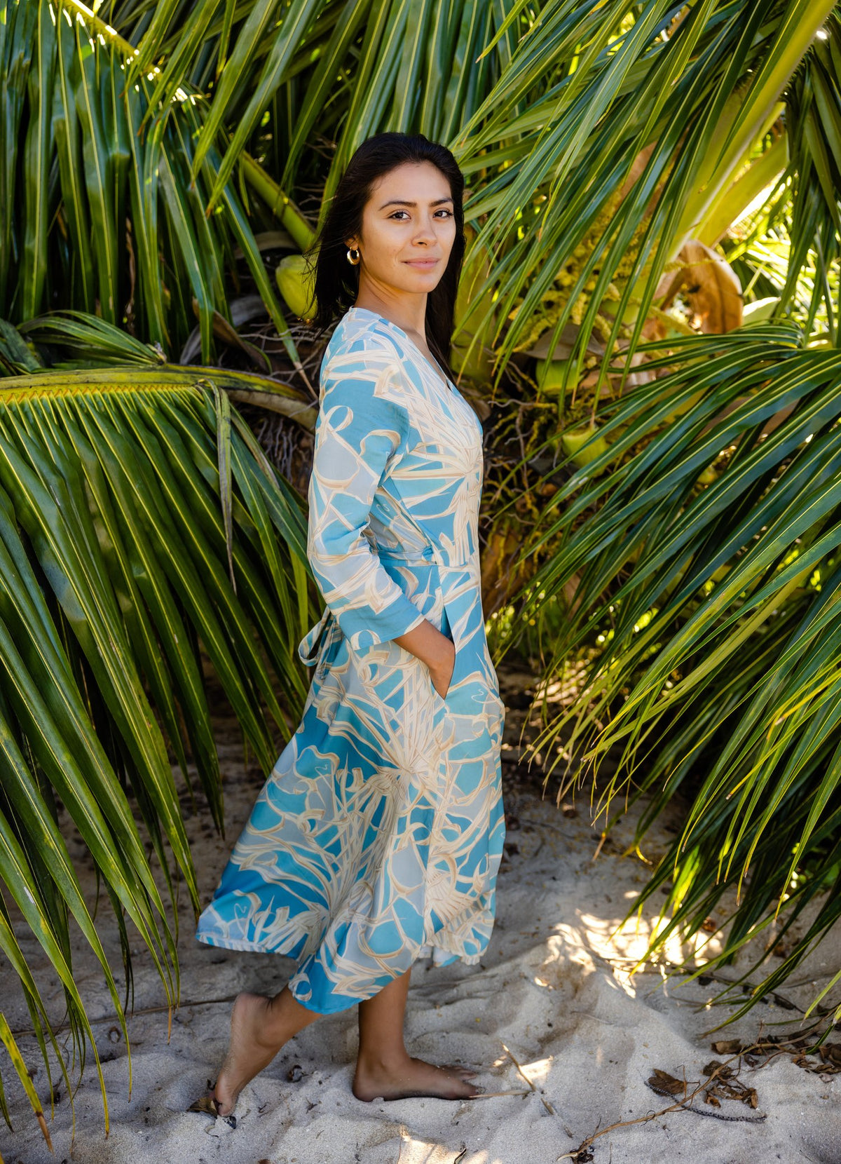 Pop-Up Mākeke - David Shepard Hawaii - Sky Blue Lau Hala Women's Midi Wrap Dress