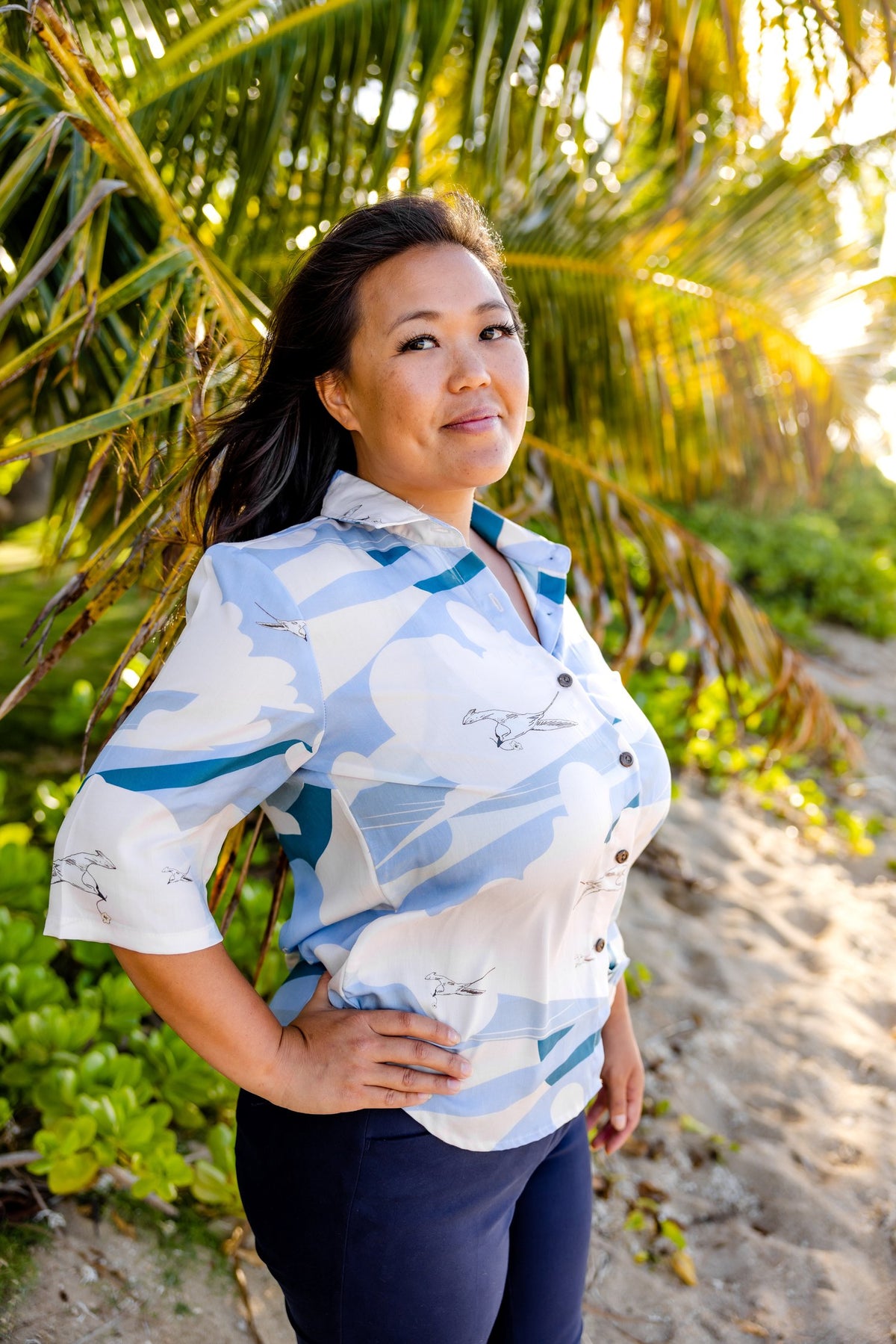Pop-Up Mākeke - David Shepard Hawaii - Soaring Koa'Kea Women's Half Sleeve Aloha Shirt