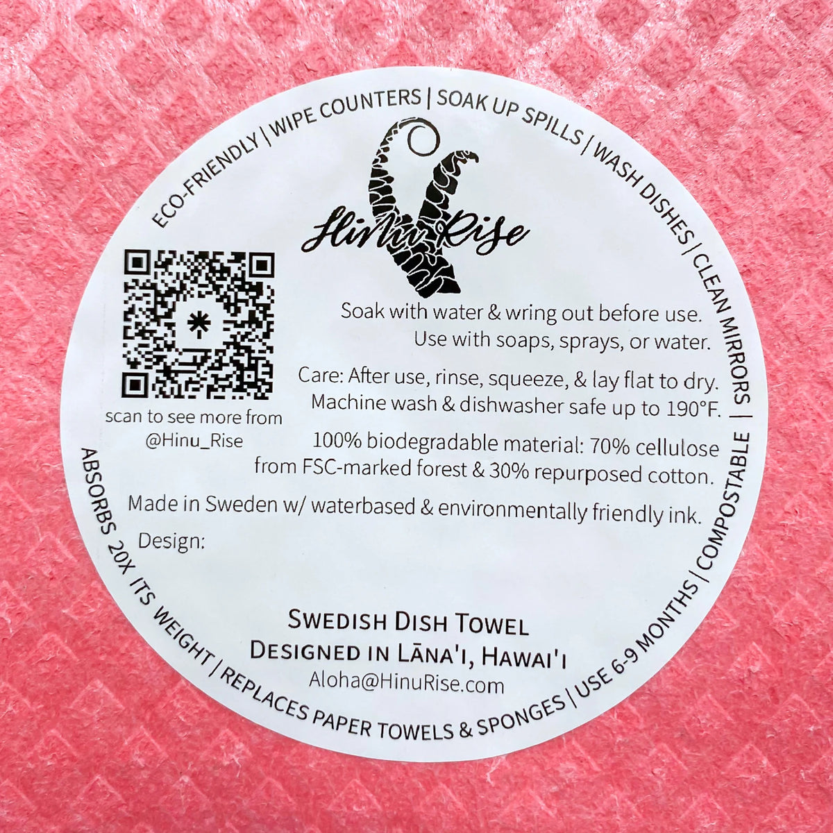 Pop-Up Mākeke - Hinu Rise - Swedish Dishcloth - Naupaka in Pink - Care Instructions