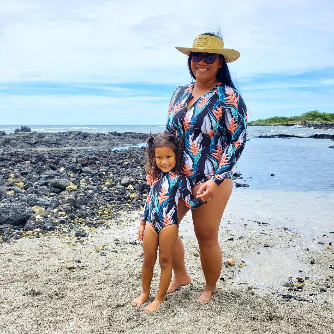 Pop-Up Mākeke - IwaWhy - Jacquelyn Long Sleeve Women's Swimsuit - Orange Heliconia