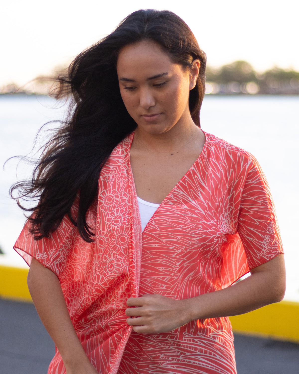 Pop-Up Mākeke - Kini Zamora - Silversword Long Cover-Up & Side Slits - Red - Front View