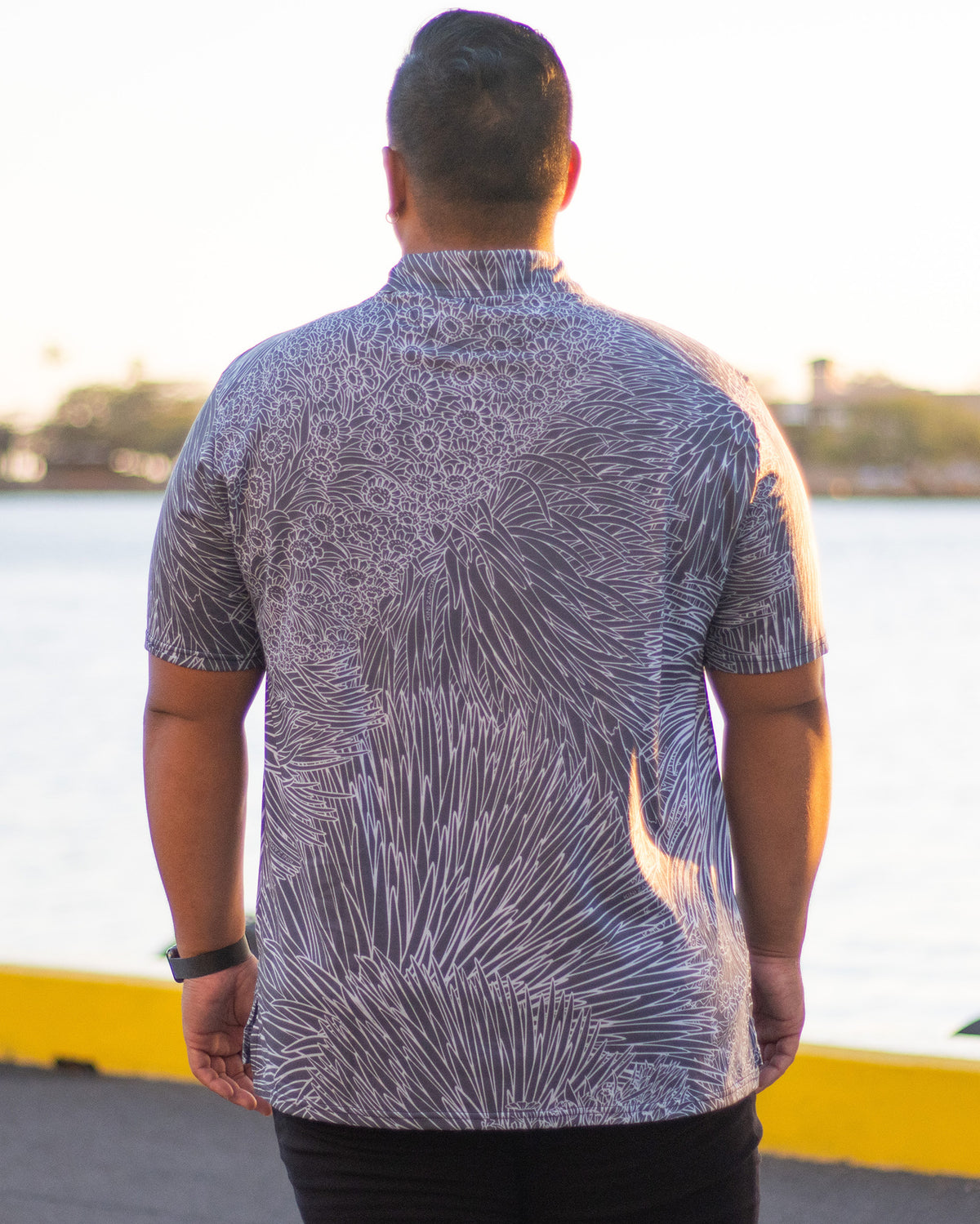 Pop-Up Mākeke - Kini Zamora - Silversword Polo Shirt - Black & White - Front View
