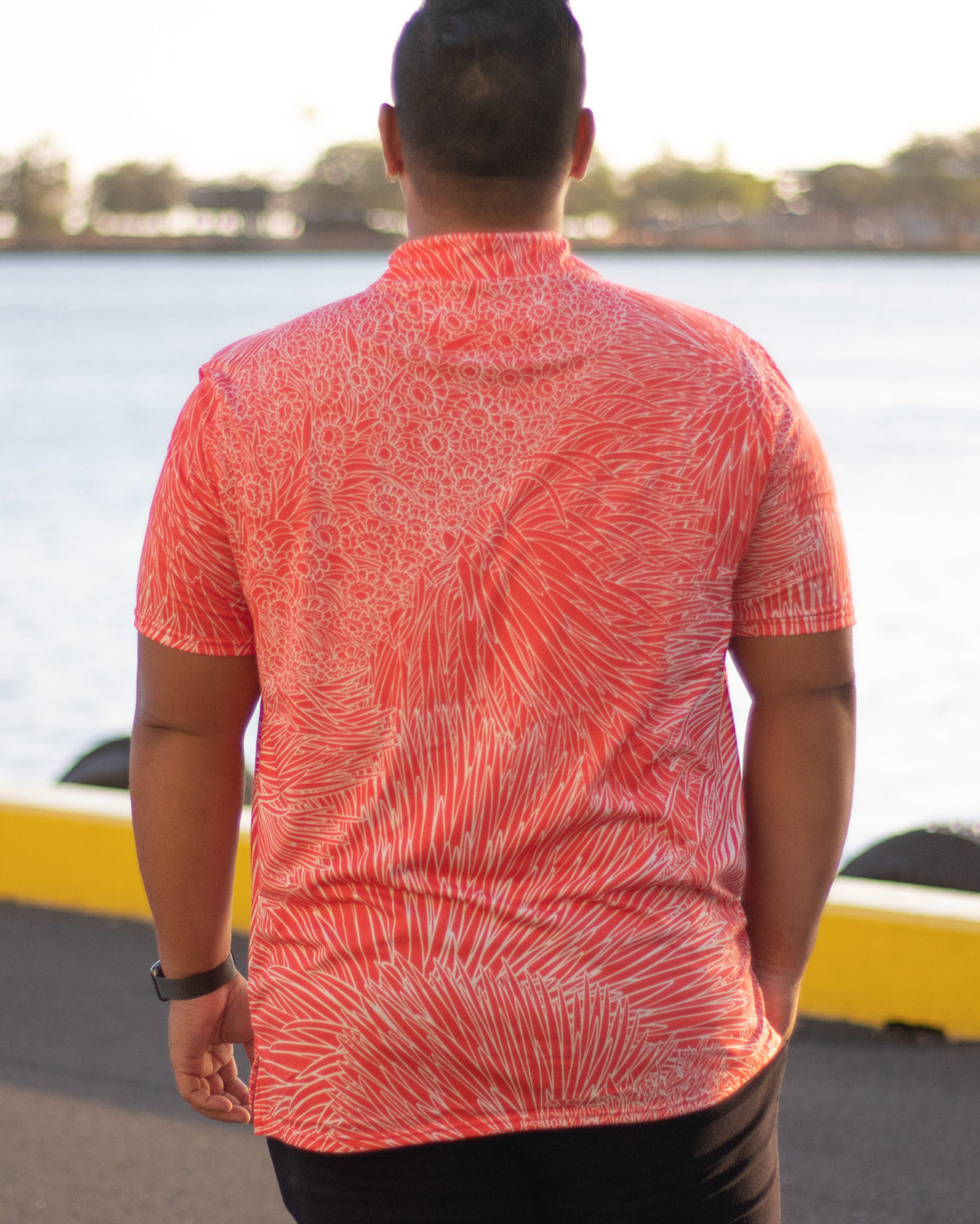 Pop-Up Mākeke - Kini Zamora - Silversword Polo Shirt - Red - Back View
