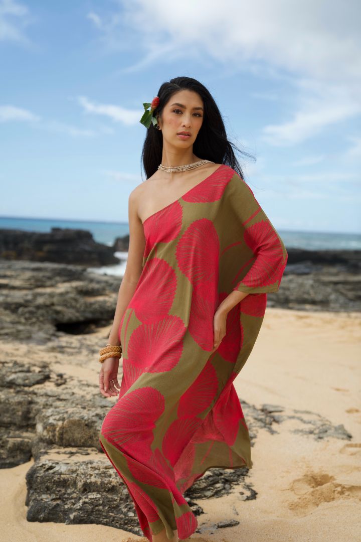 Pop-Up Mākeke - Lotus & Lime - Palama Hau One Shoulder Maxi Dress - Dragonfruit - Front View