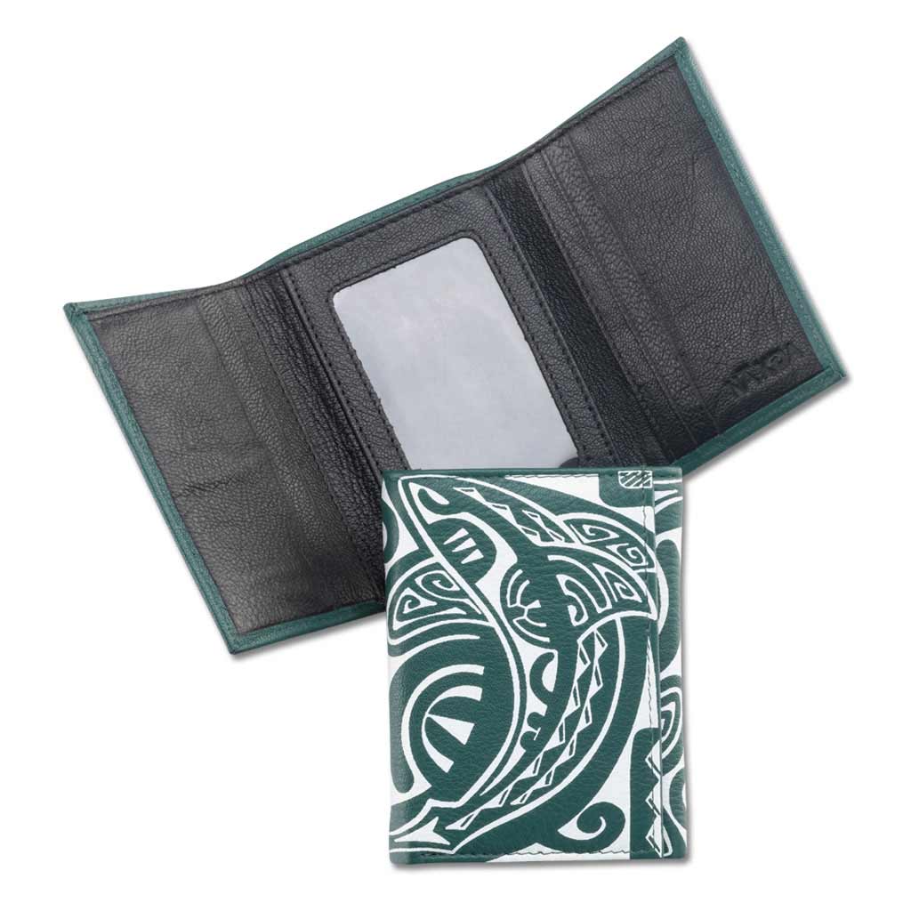 Pop-Up Mākeke - Na Koa - Tahitian Shark Tattoo Trifold Leather Wallet - Green