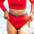 Pop-Up Mākeke - Shaina Makai - Ruth High Waisted Swimsuit Bottoms - Hibiscus Red & Titanium Grey - Front View