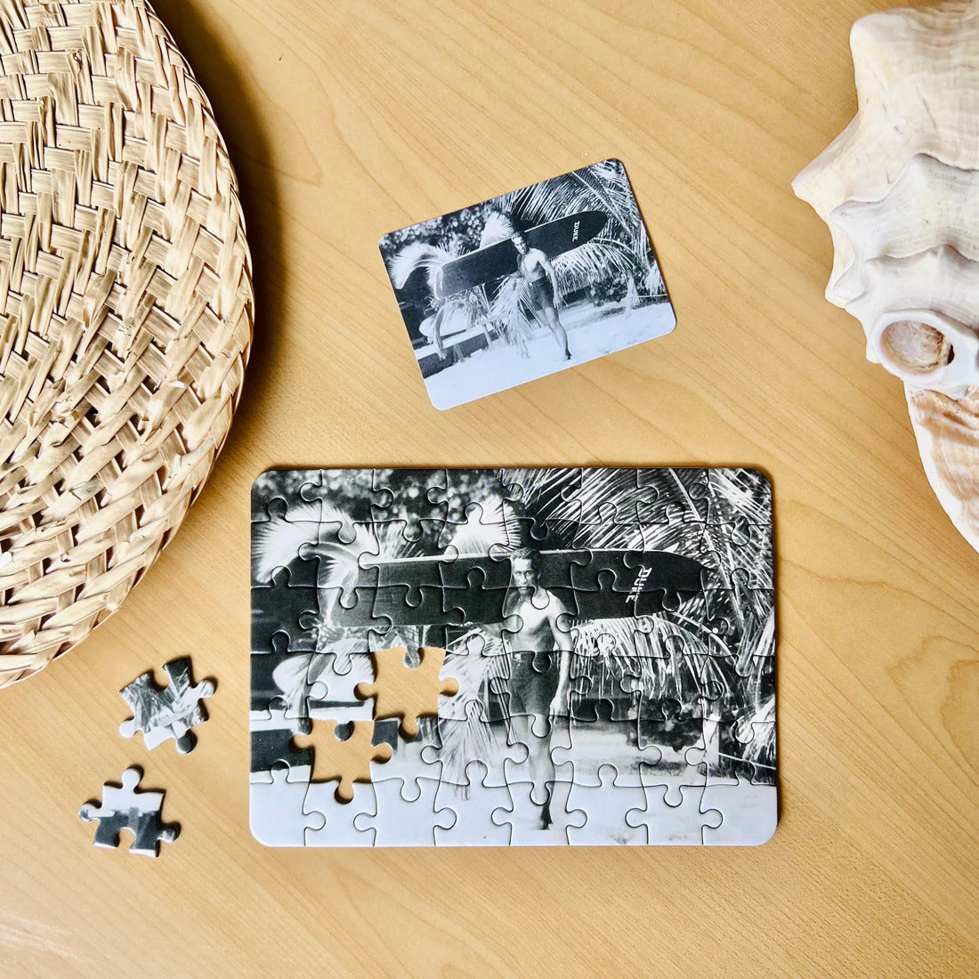 Pop-Up Mākeke - Surf Shack Puzzles - Duke Kahanamoku 48-Piece Postcard Puzzle - In Progress